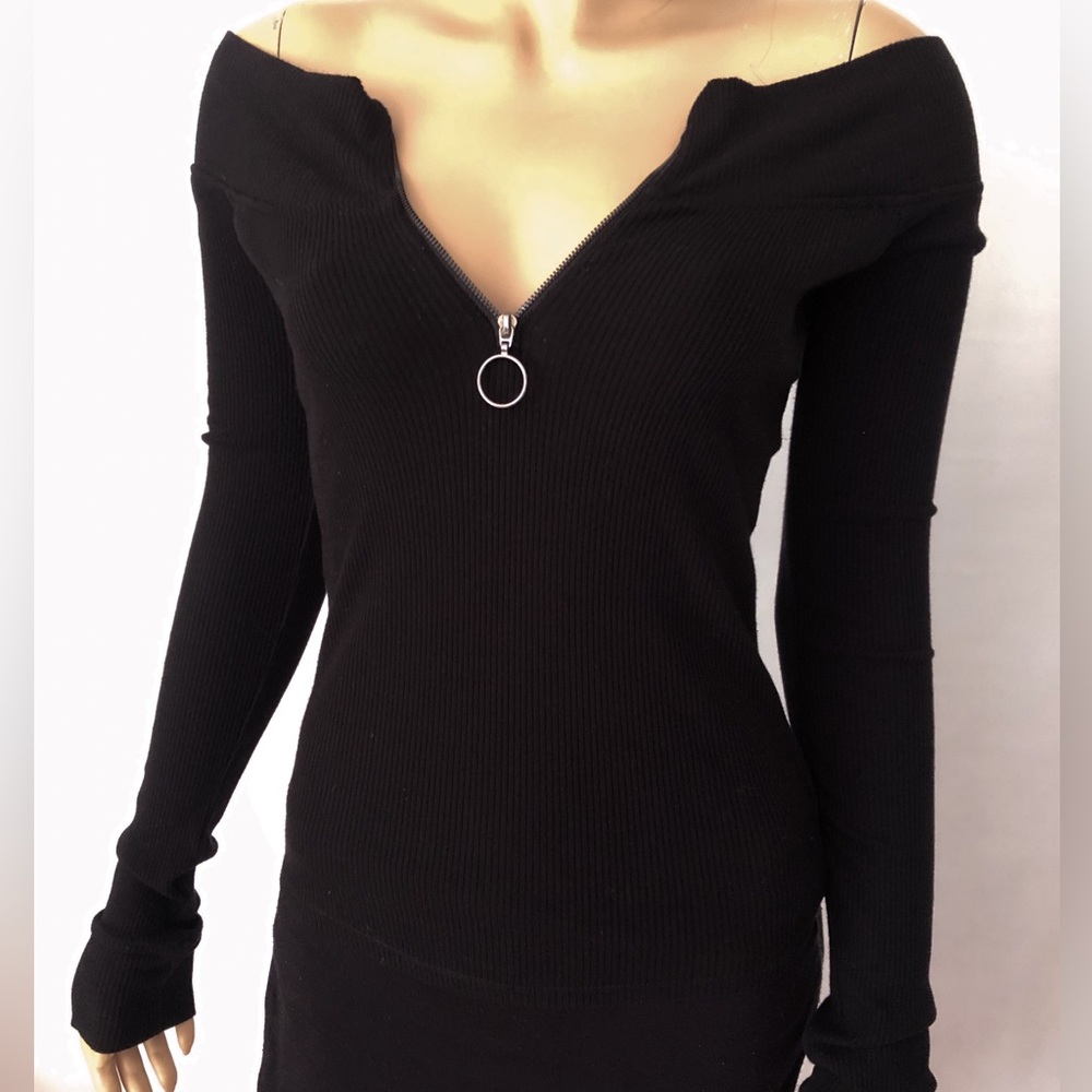 Free People Black Off-Shoulder Ribbed Fitted Zippered Cotton Top